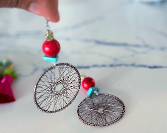 Bronze Wheel and Red Coral Earrings