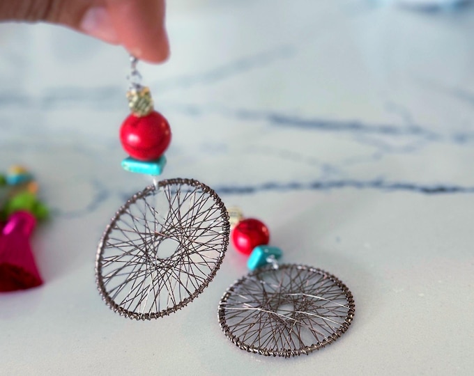 Featured listing image: Bronze Wheel and Red Coral Earrings