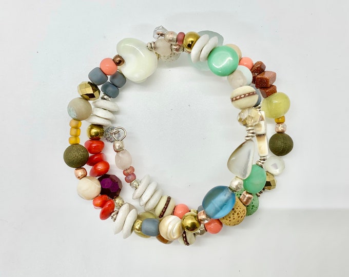 Eclectic Beaded Wrap Bracelet  // No clasp // Rich Tones