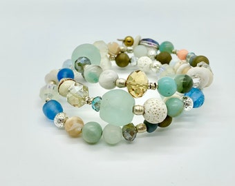 Natural Stone Wrap Bracelet  // No clasp // Pastel Tones