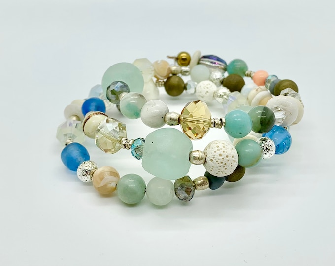 Featured listing image: Natural Stone Wrap Bracelet  // No clasp // Pastel Tones