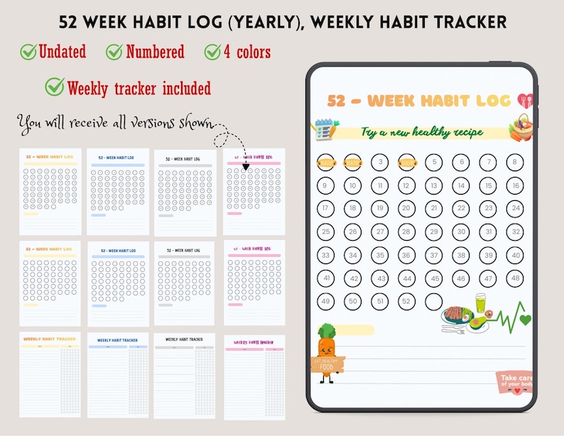 52 Week Habit Tracker Printable | Undated, Weekly, 4 Colors (digital ...