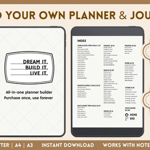 Könnte beinhalten: Digitaler Planer und Journal mit cremefarbenem Hintergrund. Das Bild zeigt zwei digitale Tablets, eines mit einem Cover mit der Aufschrift "Dream It. Build It. Live It." und das andere mit einem Index. Enthält 100 undatierte Vorlagen.