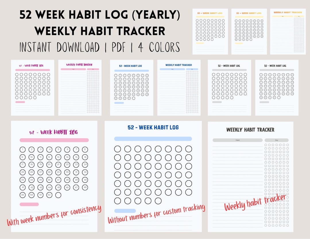 52 Week Habit Tracker Printable | Undated, Weekly, 4 Colors (digital ...