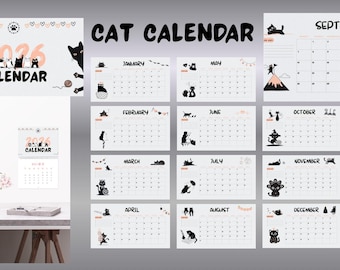 May include: A 2026 cat calendar with monthly pages featuring black cat illustrations. The calendar includes the text "CAT CALENDAR" and "2026 CALENDAR". The design incorporates paw prints and cat silhouettes.