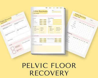 May include: A set of three printable Pelvic Floor Recovery trackers. The trackers are white with pink and yellow accents. The text on the trackers includes "Pelvic Recovery", "Weekly Trend Map", and "Daily Tracker". The bottom of the image reads "PELVIC FLOOR RECOVERY TRACKER".