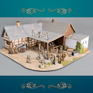 May include: A detailed model village scene, featuring several buildings with textured roofs and detailed facades. Figures of people and animals are arranged throughout the scene, with a cart and other accessories. The color palette is muted, with browns, greys, and whites.
