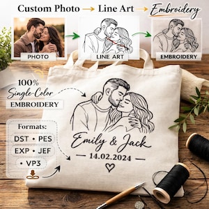 May include: A beige tote bag with a custom embroidered design. The design features a couple embracing and kissing, with the names "Emily & Jack" and the date "14.02.2024" below. The bag also shows the process from photo to line art to embroidery.