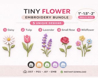 Tiny Flower Embroidery Designs Bundle | 5 Mini Floral Machine Files (1", 1.5", 2")