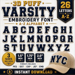 Könnte beinhalten: Ein digitales Stickdateien-Set für 3D-Puff-Varsity-Schriftarten mit dem Alphabet A-Z in Dunkelblau mit weißen Umrandungen. Enthält 26 Buchstaben, 3 Größen von 1,5, 1,75 und 2,0 Zoll sowie die Formate PES, DST, EXP, JEF und EMB zum Sofort-Download.