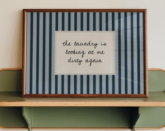 Printed Laundry Poster, Blue Striped Decor,Hand-Drawn Typography Poster, Horizontal Print, Bathroom Print,Funny Laundry Sign