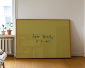 Hur lyckliga är vi-tryck, typografiposter, gul heminredning, modern minimalistisk, positivt citattryck, trendig väggkonst, horisontellt tryck