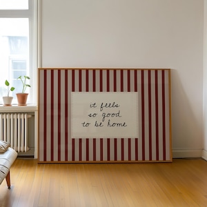 Feels So Good To Be Home Print, Handwritten Font, Red Striped Home Wall Art, Modern Minimalistic, Living Room Wall Art, Digital Download