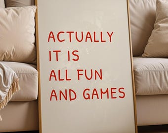 It's All Fun And Games Retro Print: Red Typography, Dorm Decor (Digital Download)
