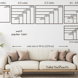 May include: Image displaying print sizes in inches and centimetres, such as 11x14, 16x20, and 24x30. The text "most popular sizes" is present. A sofa, approximately 229cm wide, is in the foreground. The text "Take This Prints" is also visible.