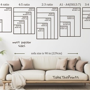Puede incluir: Una exhibici&oacute;n mural que muestra varios tama&ntilde;os de impresi&oacute;n en diferentes proporciones, incluyendo 11:14, 4:5, 2:3, A1-A4 (ISO, 5:7) y 3:4. La imagen incluye medidas en pulgadas y cent&iacute;metros, con una referencia de tama&ntilde;o de sof&aacute; de 229 cm (90 pulgadas).