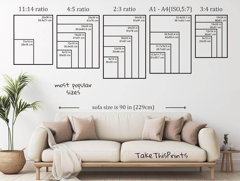 Puede incluir: Una exhibici&oacute;n mural que muestra varios tama&ntilde;os de impresi&oacute;n en diferentes proporciones, incluyendo 11:14, 4:5, 2:3, A1-A4 (ISO, 5:7) y 3:4. La imagen incluye medidas en pulgadas y cent&iacute;metros, con una referencia de tama&ntilde;o de sof&aacute; de 229 cm (90 pulgadas).