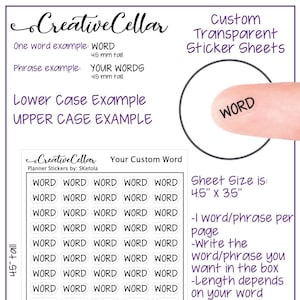 May include: A sheet of transparent sticker paper with a grid of 25 blank circles. Each circle is 4.5 inches tall and 3.5 inches wide. The text "WORD" is printed in black on a white circle. The text "Your Custom Word" is printed in black at the top of the sheet. The text "Sheet Size is: 4.5" x 3.5" - I word/phrase per page - Write the word/phrase you want in the box - Length depends on your word - These are great for *Hobonichi *Personal *EC Planners *Travellers *Any Planner" is printed in black on the right side of the sheet.
