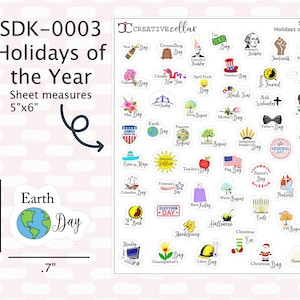 SDK-0003 // Yearly Holidays Planner Stickers, 50 Holiday Stickers