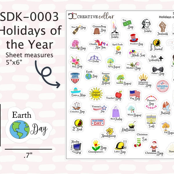 SDK-0003 // Yearly Holidays Planner Stickers, 50 Holiday Stickers