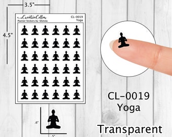 May include: A sheet of 4.5 by 3.5 inch planner stickers featuring 49 black silhouette yoga poses. The sticker sheet is labeled "Creative Cellar Planner Stickers by: SKetola" and "CL-0019 Yoga".