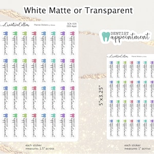 May include: A sheet of 36 colorful tooth-shaped stickers with the text "Dentist Appointment" on each sticker. The stickers are 1.5 inches wide and are arranged in a grid pattern. The sheet is 6.75 inches tall and 4.5 inches wide.