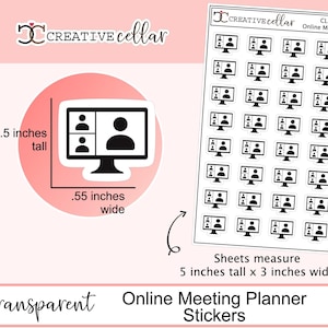May include: A sheet of transparent stickers with black and white illustrations of a computer screen with multiple video call participants. The sheet measures 5 inches tall by 3 inches wide. The stickers are labeled "Online Meeting Planner Stickers".