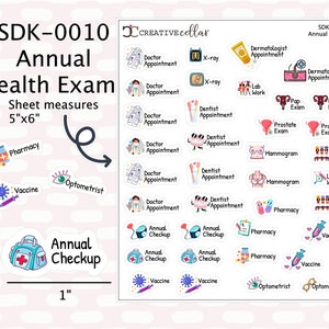 SDK-0010 // Pegatinas para planificador de exámenes médicos anuales, para médicos, dentistas, médicos, salud, transparentes o blancas mate