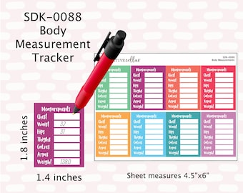 May include: Body measurement tracker with the text "SDK-0088 Body Measurement Tracker." The tracker includes sections for chest, waist, hips, thighs, calves, arms, and weight. The sheet measures 4.5"x6" and the small tracker is 1.4" x 1.8". A red pen is on the tracker.