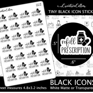Może przedstawiać: Arkusz z 28 czarno-białych naklejek z ikonami przedstawiającymi butelkę z pigułkami i pigułki z tekstem "refill prescription". Arkusz ma wymiary 12,2 x 8,1 cm i jest dostępny w matowym białym lub przezroczystym.