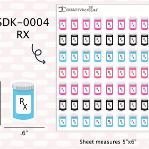 May include: A sheet of 72 stickers featuring a blue and white cartoon illustration of a prescription bottle with the letter "R" inside. The sheet measures 5 inches by 6 inches.  SDK-0004 RX Refill.