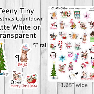 May include: A set of 30 Christmas countdown planner stickers featuring cute illustrations of dogs, penguins, cats, and other holiday imagery. The stickers are 5 inches tall and 3.25 inches wide and are available in matte white or transparent.