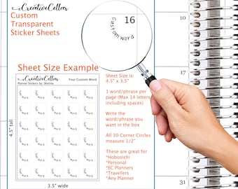 CL-0000-4 // CUSTOM Planner Stickers Transparent Corner Circle Font Word of your choice