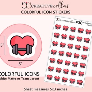 May include: Colorful icon stickers featuring a red heart with a black outline and a barbell. The stickers are .5 inches in size and are available in white matte or transparent. The sheet measures 5x3 inches. The text on the sheet says "Creative Cellar" and "Colorful Icons".