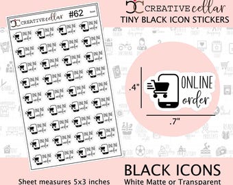 以下が含まれることがあります： 「ONLINE order」というテキストとショッピングカートのアイコンが描かれた、黒と白のステッカー25枚のシート。シートのサイズは12.7cm x 7.6cmです。