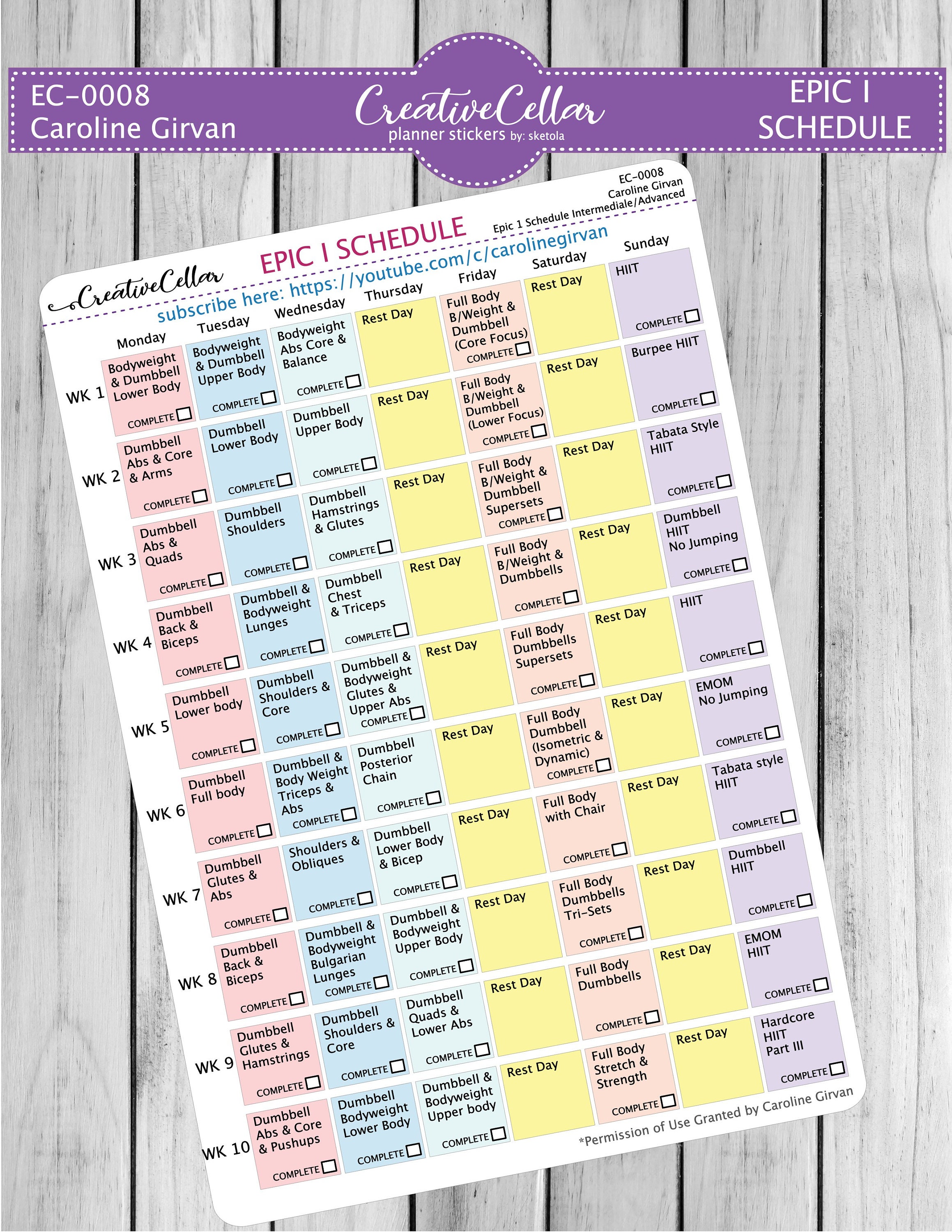 EC-0008 // Caroline Girvan EPIC I Workout Planner Stickers Epic 1 