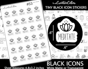 May include: A sheet of 36 black and white sticker icons featuring a lotus flower and the word "MEDITATE". The sheet measures 4.8 by 3.2 inches.