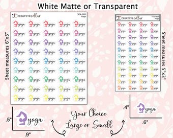 May include: Two sheets of yoga stickers in white matte or transparent. One sheet measures 6"x5" and the other 5"x3". Each sticker features a yoga pose and the word "yoga". The image also includes the text "Your Choice Large or Small".