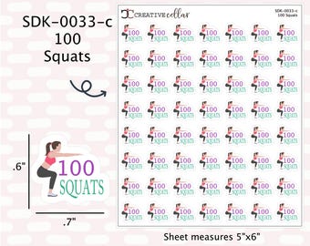 May include: A sheet of 100 stickers featuring a cartoon illustration of a person doing squats. Each sticker has the text "100 Squats" in purple and teal text. The sheet measures 5 inches by 6 inches.