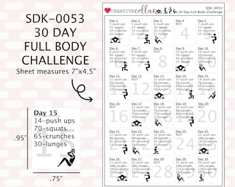 May include: A black and white printable workout chart with the title "SDK-0053 30 Day Full Body Challenge". The chart is divided into 30 days, with each day listing a different workout routine. The chart measures 7 inches by 4.5 inches.