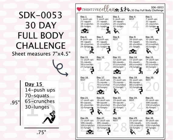 SDK-0053 // Full Body Work Out Planner Stickers 30 Day Full Body Challenge  in Black and White 