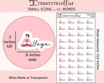 May include: A sheet of yoga-themed stickers. Each sticker features a woman in a yoga pose with the word "Yoga". The stickers are .3 inches tall and .6 inches wide. The sheet measures 5x3 inches. Available in white matte or transparent.