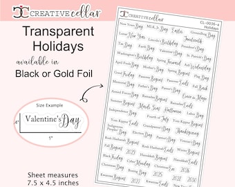 CL-0036-a // Holidays of the Year Planner Stickers CLEAR Fancy Transparent Black or Gold