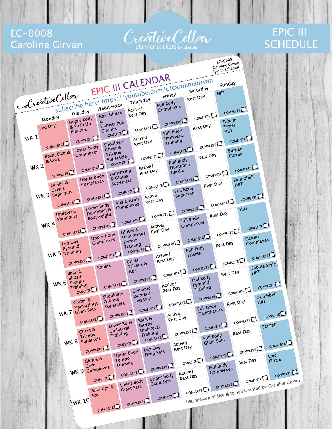 EC0008 // Caroline Girvan EPIC III Workout Planner Stickers Etsy