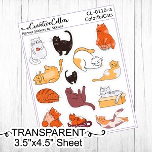 CL-0110-a // 13 CLEAR Colorful Cat Stickers Transparent Planner Stickers Kitten Cat Lady