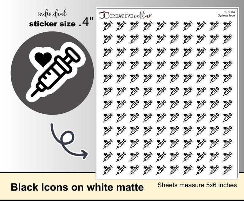 Syring Sticker BI-0004 Syringe Icon Planner Stickers, 120 Diabetic, Injection, Needle ...