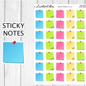 May include: A sheet of 36 colorful sticky note planner stickers. The stickers are in four colors: blue, green, pink, and yellow. Each sticker has a white border and a red pushpin.