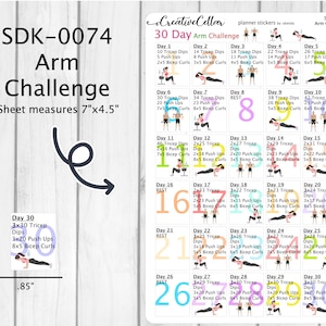 May include: A 30-day arm challenge planner sticker sheet with colourful days and exercises. The sheet measures 7 inches by 4.5 inches and includes exercises like tricep dips, push-ups, and bicep curls.