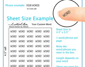 May include: A sheet of transparent sticker paper with a grid of 25 blank circles. Each circle is 4.5 inches tall and 3.5 inches wide. The sheet is designed for creating custom planner stickers. The text "Creative Cellar" and "Planner Stickers by: SKetola" is printed on the sheet. The text "Sheet Size is: 4.5" x 3.5"" is printed on the sheet. The text "1 word/phrase per page" is printed on the sheet. The text "Write the word/phrase you want in the box" is printed on the sheet. The text "Length depends on your word" is printed on the sheet. The text "These are great for *Hobonichi *Personal *EC Planners *Travellers *Any Planner" is printed on the sheet.