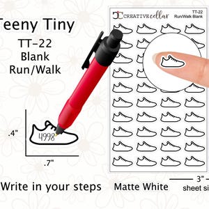 May include: A sheet of matte white stickers with a running shoe design. The sheet is 3 inches wide and 5 inches tall. The stickers are labeled "TT-22 Blank Run/Walk". A red pen points to a sticker that is .7 inches long and .4 inches tall. The text "Write in your steps" is also visible.